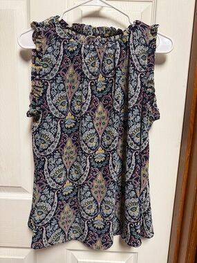 GAP Navy Paisley Ruffle-Trim Sleeveless Top